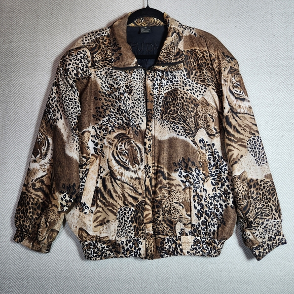 Fuda International Jackets & Blazers - Vintage Fuda International Tiger Print 100% Silk Jacket Brown Tan Black